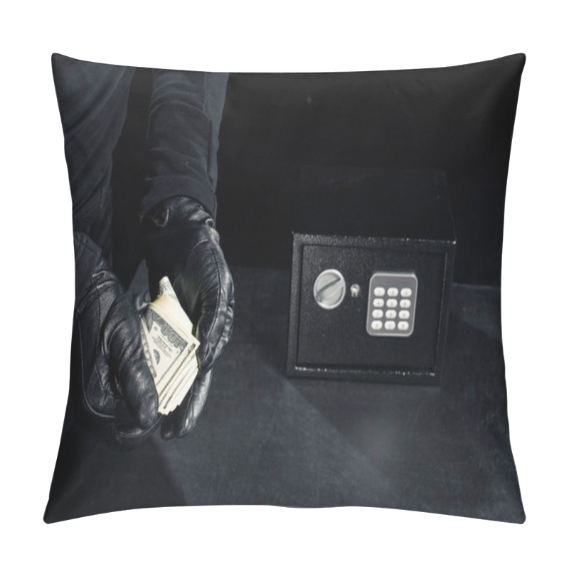 Personality  Close-up View Of Robber In Gloves Taking Dollars From Safe Pillow Covers