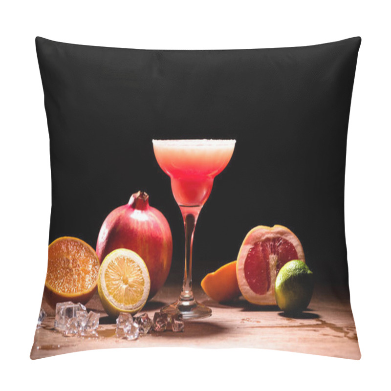 Personality  Red Alcohol Drink With Fruits And Ice Cubes On Wooden Tabletop Pillow Covers