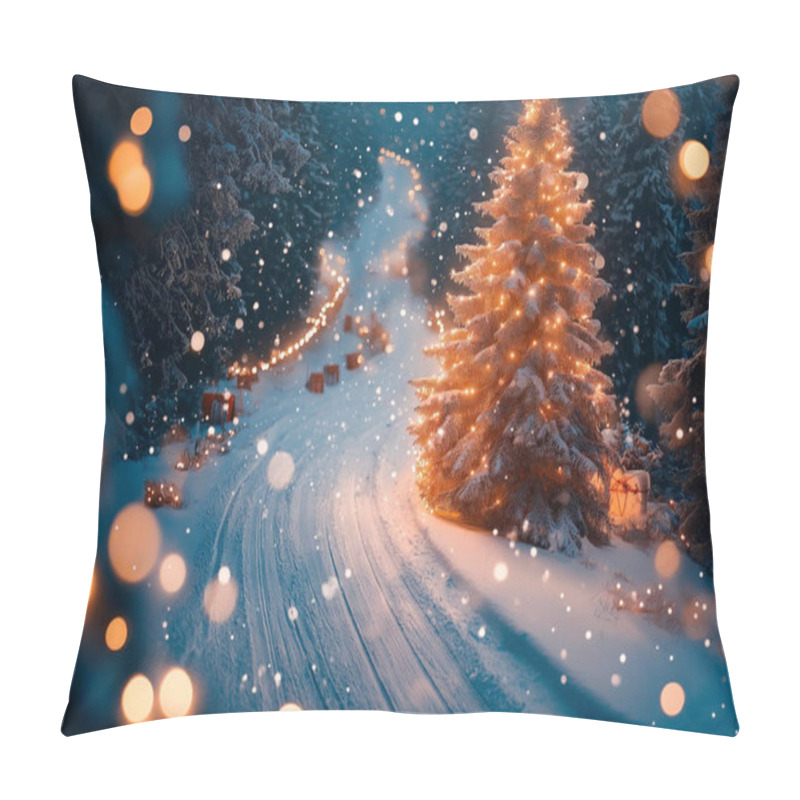 Personality  Beautiful Winter Night Scene With A Decorated Christmas Tree Amidst Falling Snow. Pillow Covers