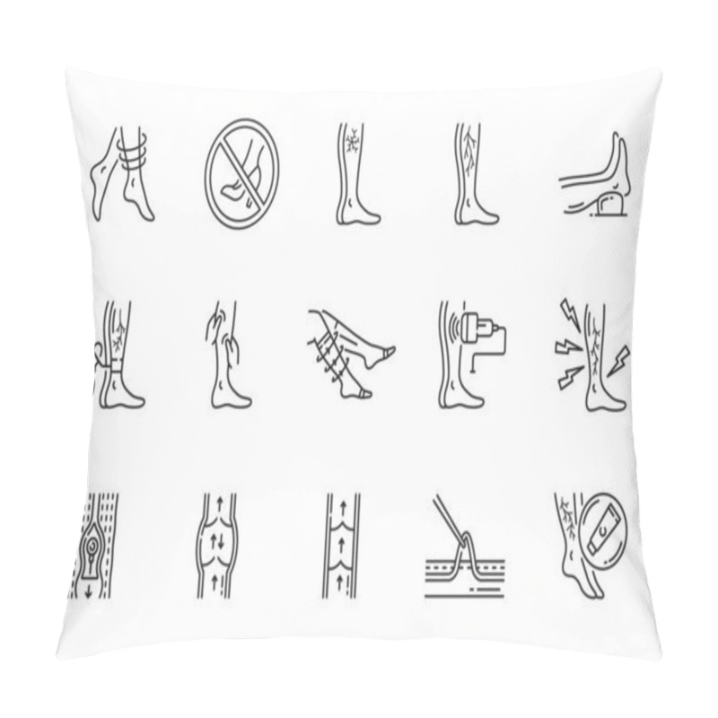 Personality  Varicose Treatment Icons, Leg Veins Thrombosis Disease And Surgery Vector Symbols. Varicose Or Legs Vascular Varices Circulation Insufficiency, Medical Treatment And Prophylactic Therapy Line Icons Pillow Covers