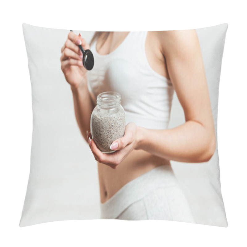 Personality  Fit, Attractive Woman Holding A Glass Jar Of Chia Pudding  Pillow Covers