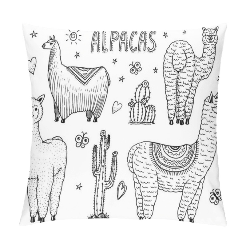 Personality  Set Of Cute Alpaca Llamas Or Wild Guanaco On The Background Of Cactus. Funny Smiling Animals In Peru For Cards, Posters, Invitations, T-shirts. Hand Drawn Elements. Engraved Sketch Pillow Covers