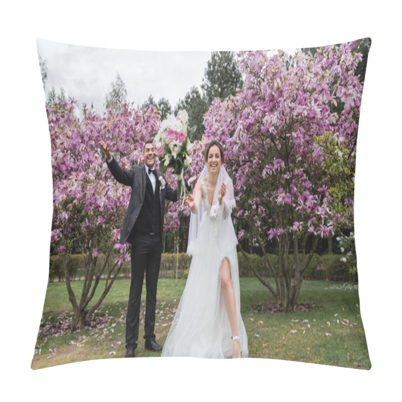 Personality  Happy Newlyweds Standing Near Falling Bouquet In Park  Pillow Covers