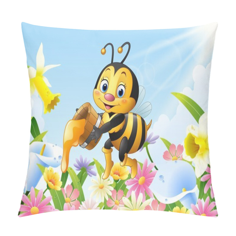 Personality  Cartoon Bee Holding Honey Bucket With Flower Background Pillow Covers