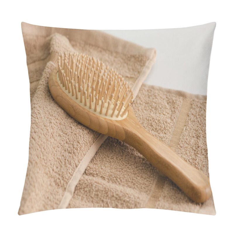 Personality  Selective Focus Of Hair Brush On Towel On Grey Background, Zero Waste Concept Pillow Covers