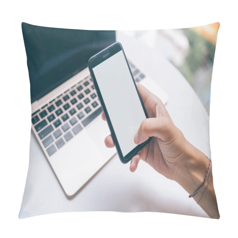 Personality  Selective Focus On Female Hand Typing Text Message On Modern Cellphone Gadegt With Copy Space Area For Advertising Text, Woman Using Smartphone Device With Blank Screen Area For Internet Website Pillow Covers