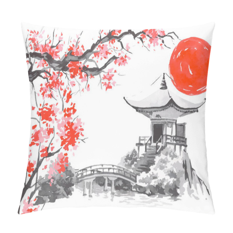 Personality  Japan Traditional Sumi-e Painting. Fuji Mountain, Sakura, Sunset. Japan Sun. Indian Ink Vector Illustration. Japanese Picture. Pillow Covers