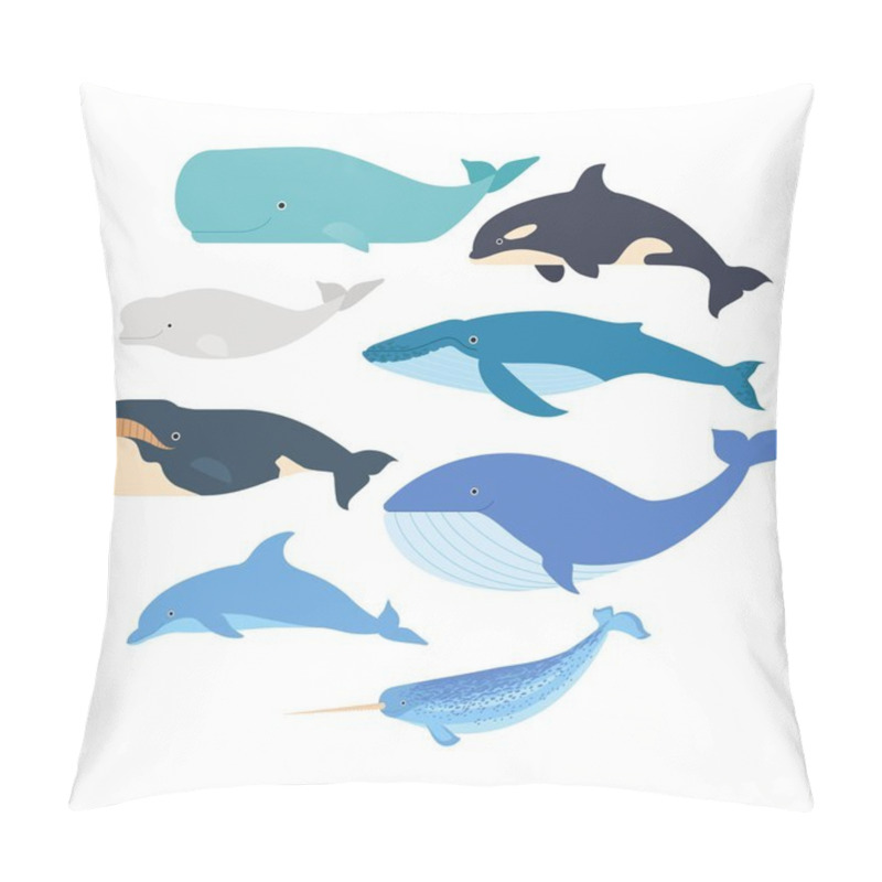 Personality  Whales And Dolphin Set. Marine Mammals Illustration. Narwhal, Blue Whale, Dolphin, Beluga Whale, Humpback Whale, Bowhead And Sperm Whale Vector Isolated Pillow Covers