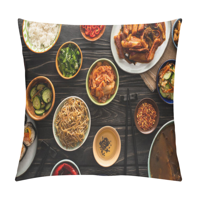 Personality  Top View Of Korean Traditional Dishes Near Chopsticks And Cotton Napkin On Wooden Surface  Pillow Covers