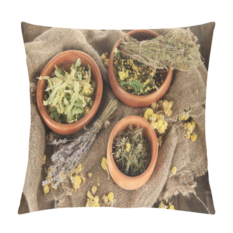 Personality  Medicinal Herbs In Wooden Bowls On Bagging Close-up Pillow Covers