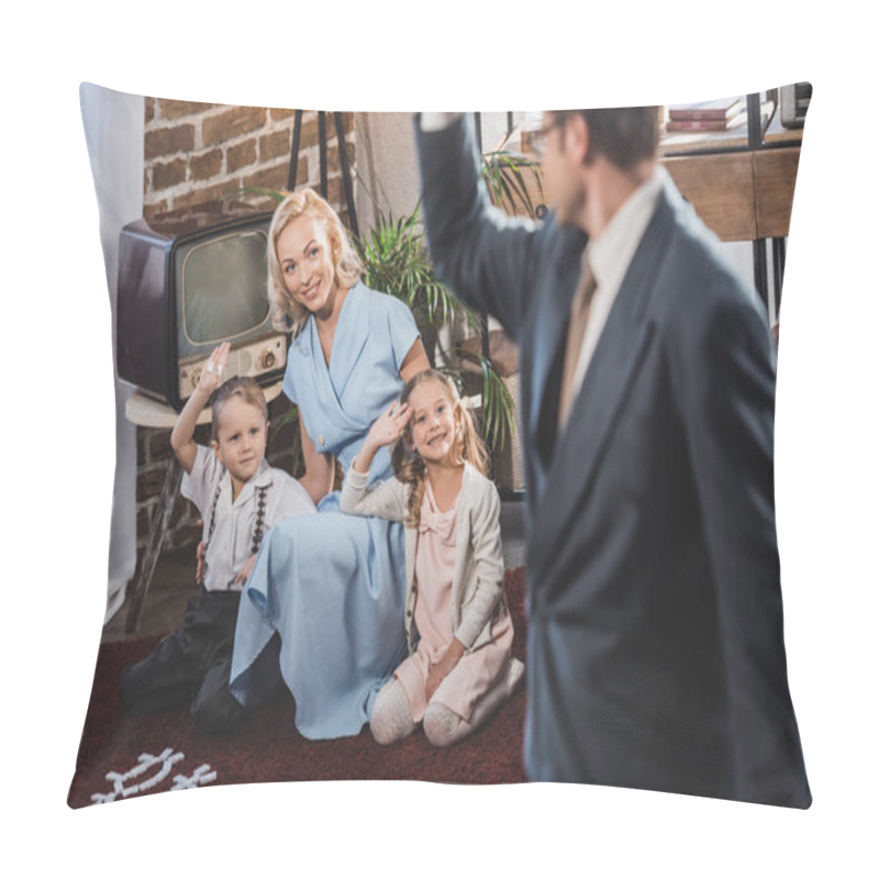 Personality  Selective Focus Of Father Going To Work And Waving Hand To Happy Family, 1950s Style Pillow Covers