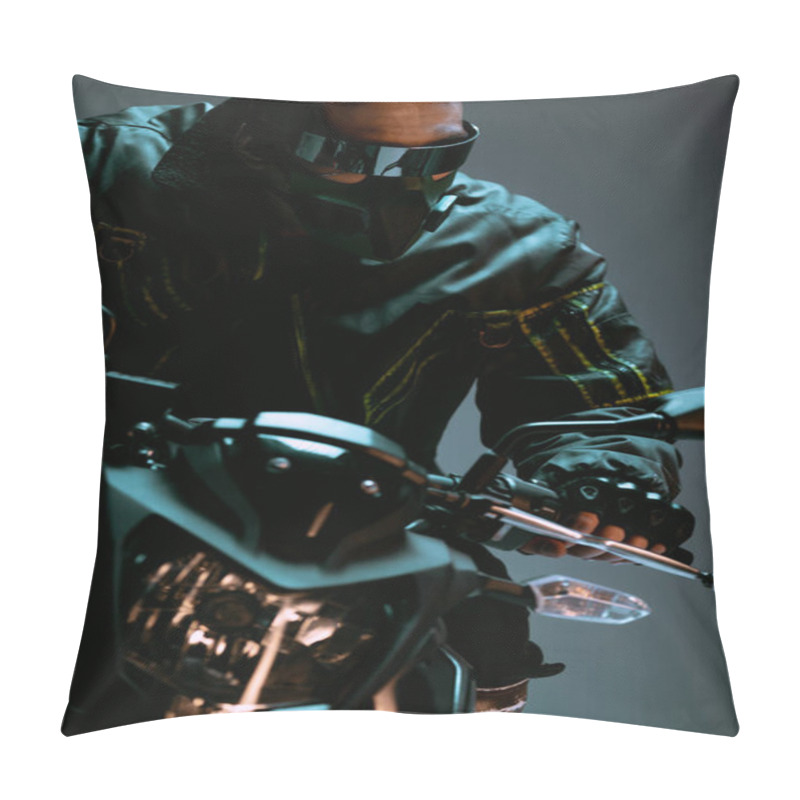 Personality  Selective Focus Of Mixed Race Cyberpunk Player In Mask And Futuristic Glasses Riding Motorcycle On Grey  Pillow Covers