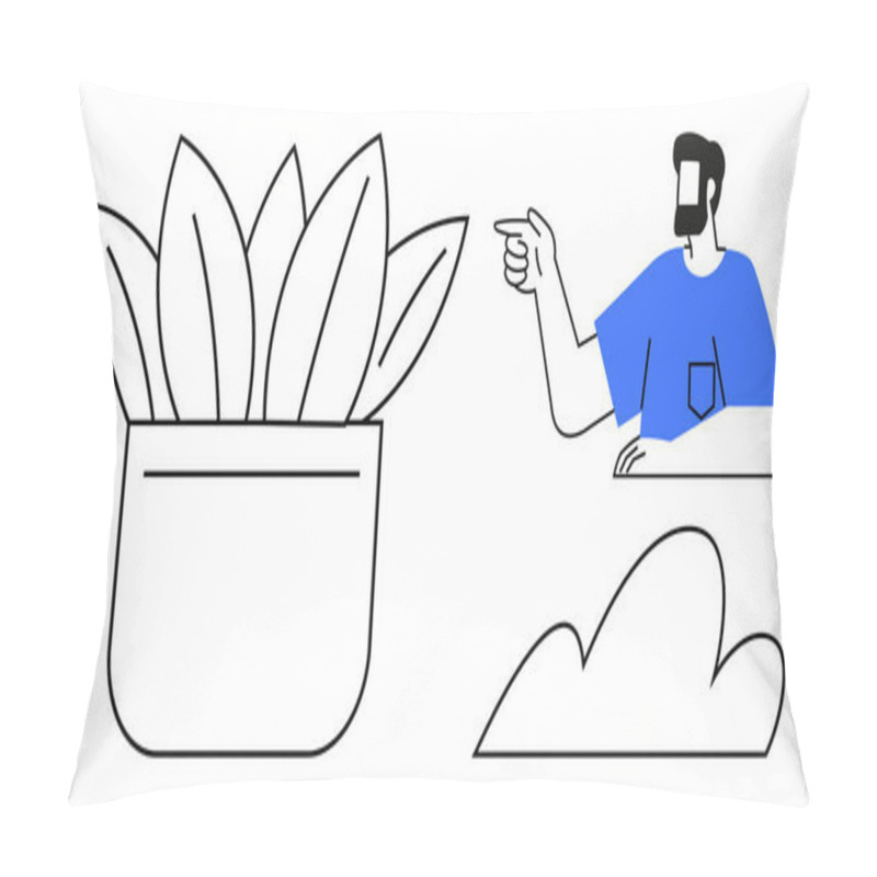 Personality  Man With A Blue Shirt Pointing, Large Leafy Plant In A Pot, And An Abstract Cloud. Ideal For Communication, Growth, Education, Guidance, Nature Concepts And Creativity. Minimalist Abstract Line Pillow Covers