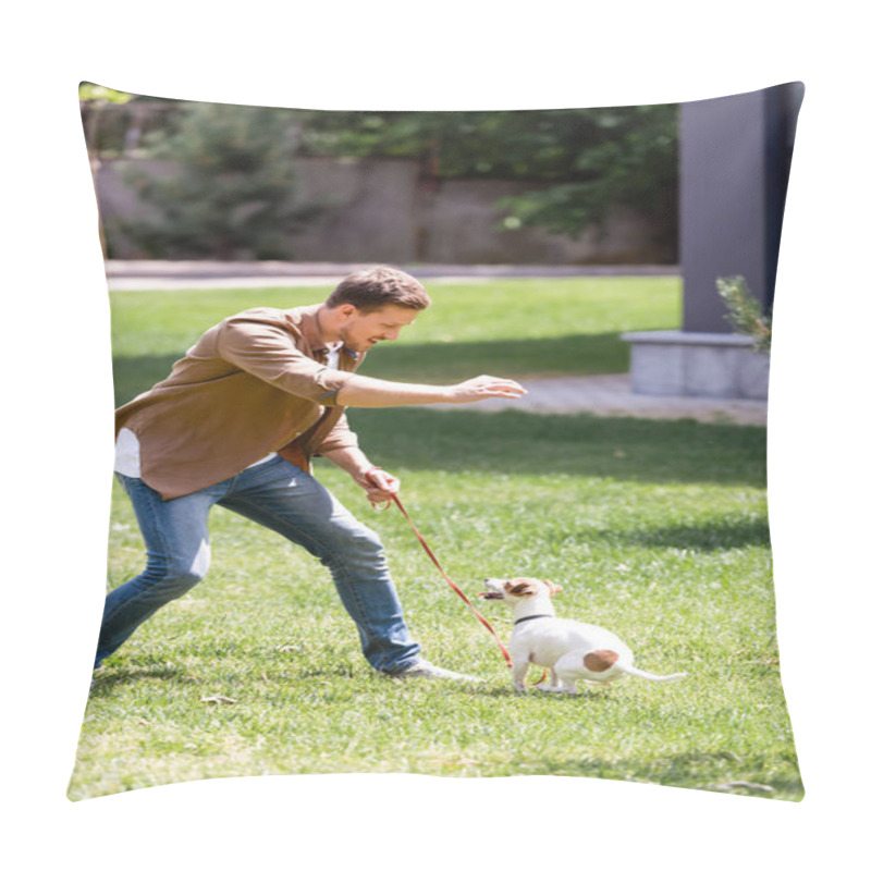 Personality  Selective Focus Of Man In Jeans Playing With Jack Russell Terrier On Leash In Park  Pillow Covers