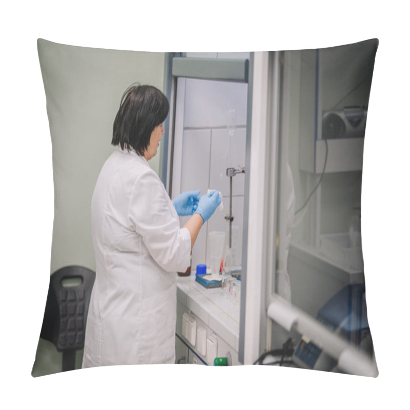 Personality  Valmiera, Latvia - November 18, 2024 - Female Scientist In A Lab Coat Conducting An Experiment In A Laboratory Fume Hood With Glassware And Equipment On The Countertop. Pillow Covers