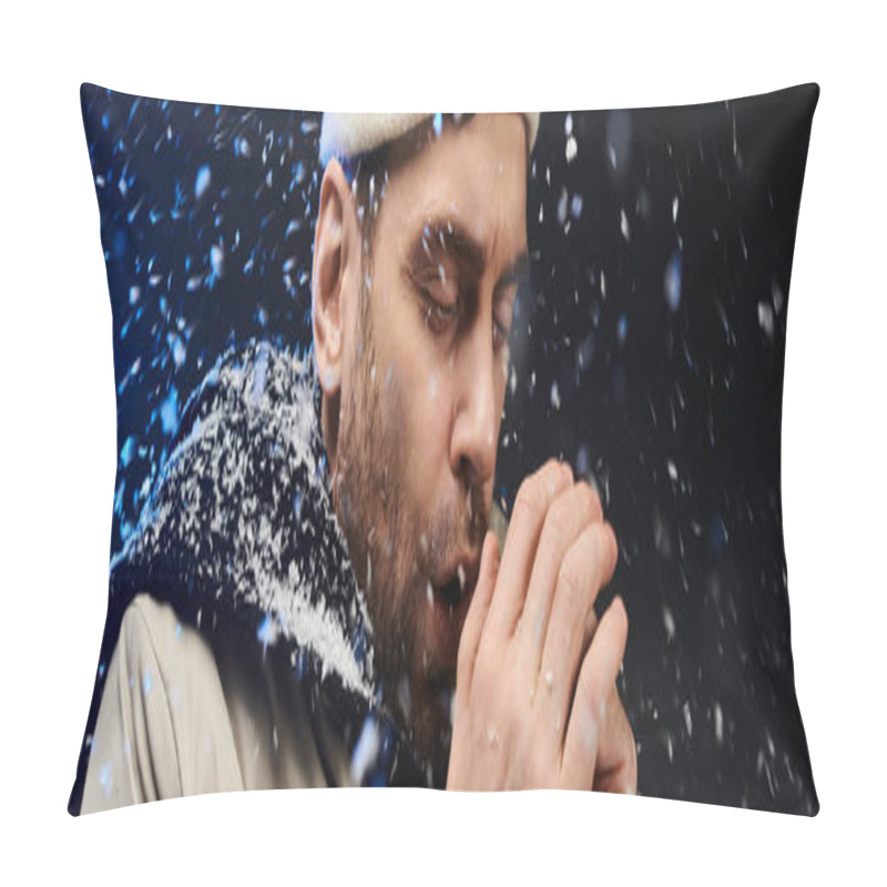 Personality  A Handsome Young Man Blows Warmth Into His Hands, Surrounded By Swirling Snowflakes. Pillow Covers