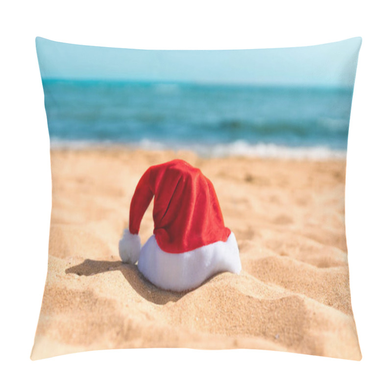 Personality  Santa Hat On Tropical Sea Beach. Christmas Beach Vacation Travel Banner Or Card Pillow Covers