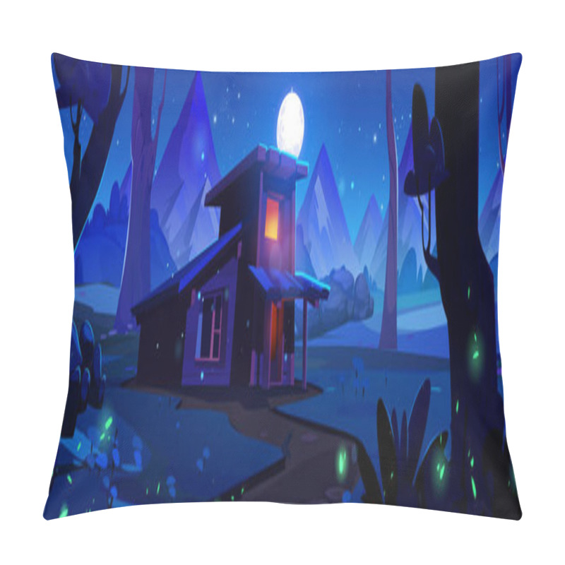 Personality  House In Night Forest With Mountain And Firefly Game Background. Dark Halloween Wild Woods Park Landscape And Magic Cabin. Spooky And Mystic Small Cottage Exterior With Window Above Starry Sky. Pillow Covers