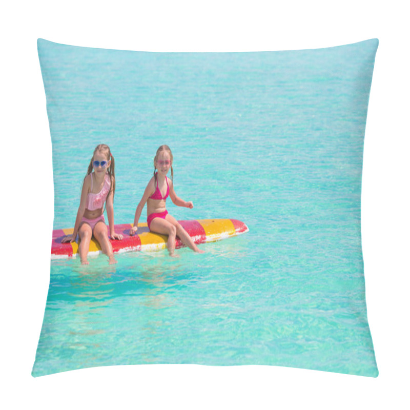 Personality  Little Adorable Girls On A Surfboard In The Turquoise Sea Pillow Covers