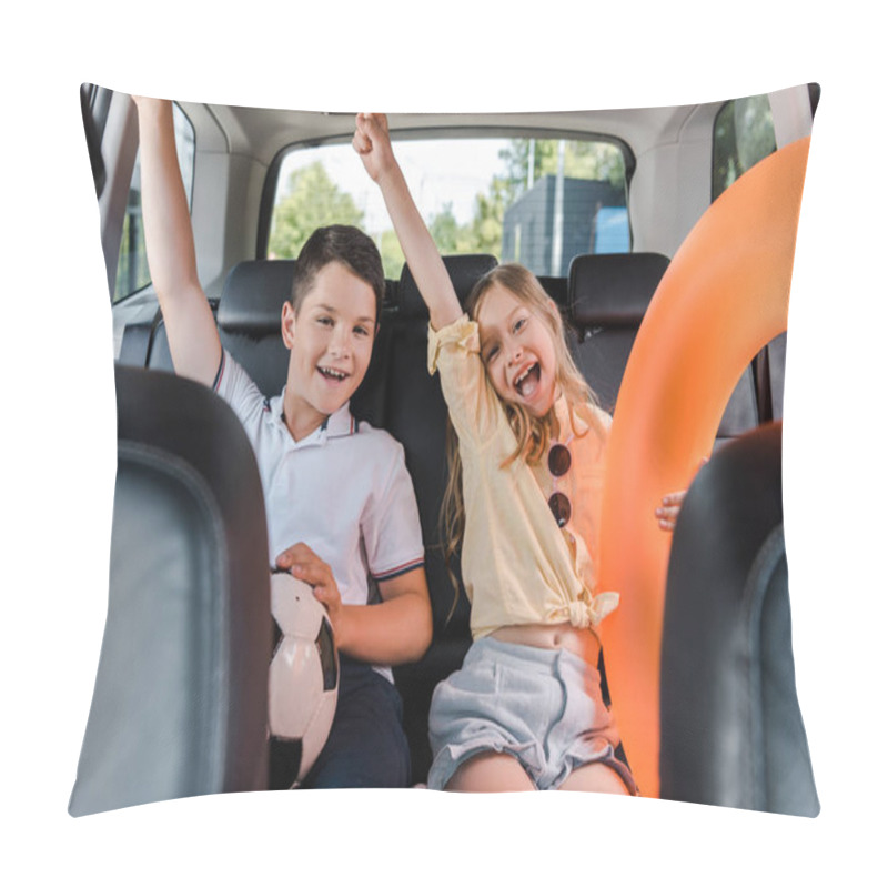 Personality  Selective Focus Of Cheerful Sister And Brother Celebrating And Gesturing In Car Pillow Covers