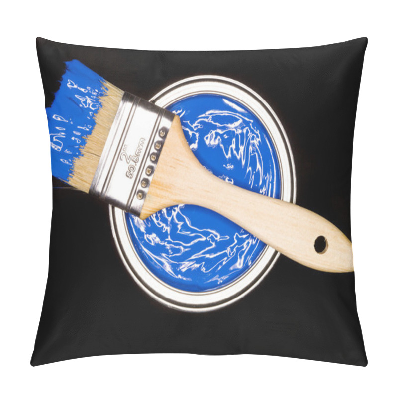 Personality  Blue Paint Can And Brush From Above On Black Background Pillow Covers