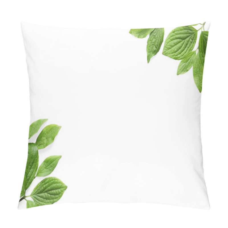 Personality  Beautiful Spring Green Leaves On White Background, Top View. Space For Text Pillow Covers