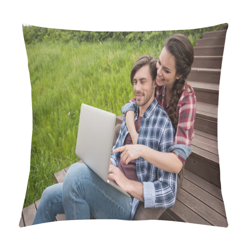 Personality  Couple Using Laptop While Sitting At Park Pillow Covers