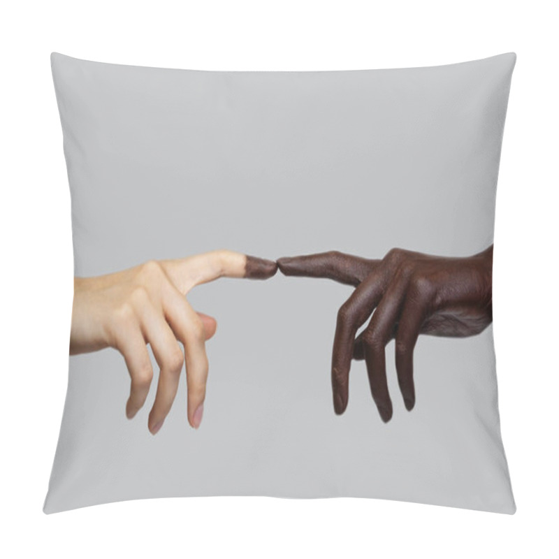 Personality  Two Black And White Hands Touch Each Other With Their Fingers On A Gray Isolated Background. The Concept Of Interracial Friendship And Respect. Combating Racism Pillow Covers