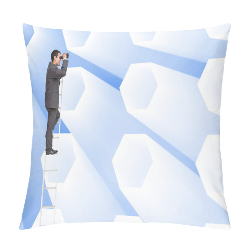 Personality  Composite Image Of Businessman Standing On Ladder Using Binoculars Pillow Covers