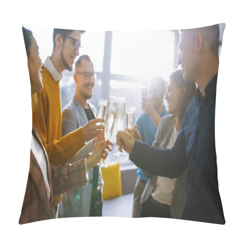 Personality  Clinking Glasses With Champagne. Happy Coworkers Celebrating Their Business Achievement On A Party In The Office. Partners Celebrating Their Victory.  Pillow Covers