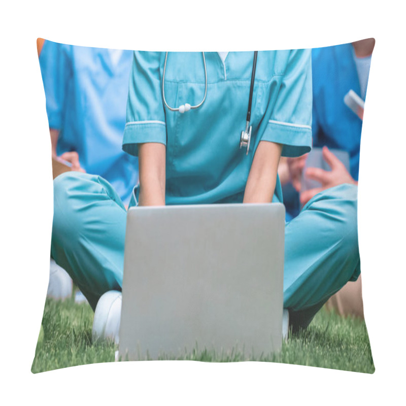 Personality  Cropped Image Of Medical Student Studying With Laptop On Green Grass Pillow Covers