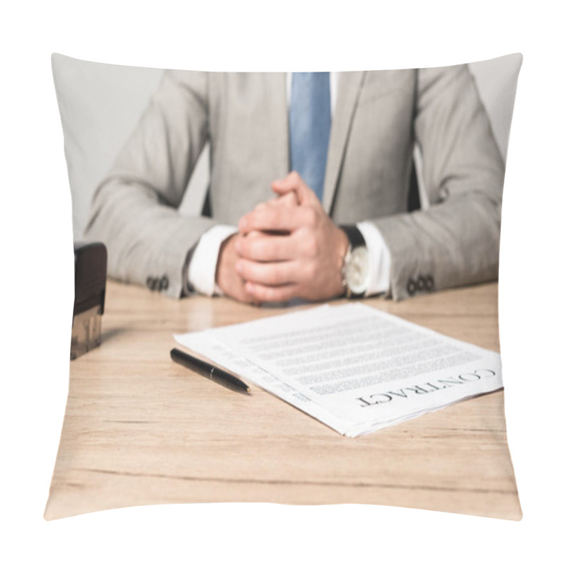 Personality  Cropped View Of Businessman Sitting At Desk Near Contract, Stamp And Pen Isolated On Grey Pillow Covers