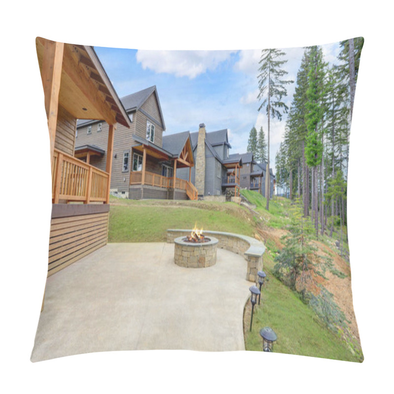 Personality  Beautiful Wooden Back Porch With Chairs On The Hill And Large Backyard Patio With Fire Pit And Pine Trees. Pillow Covers