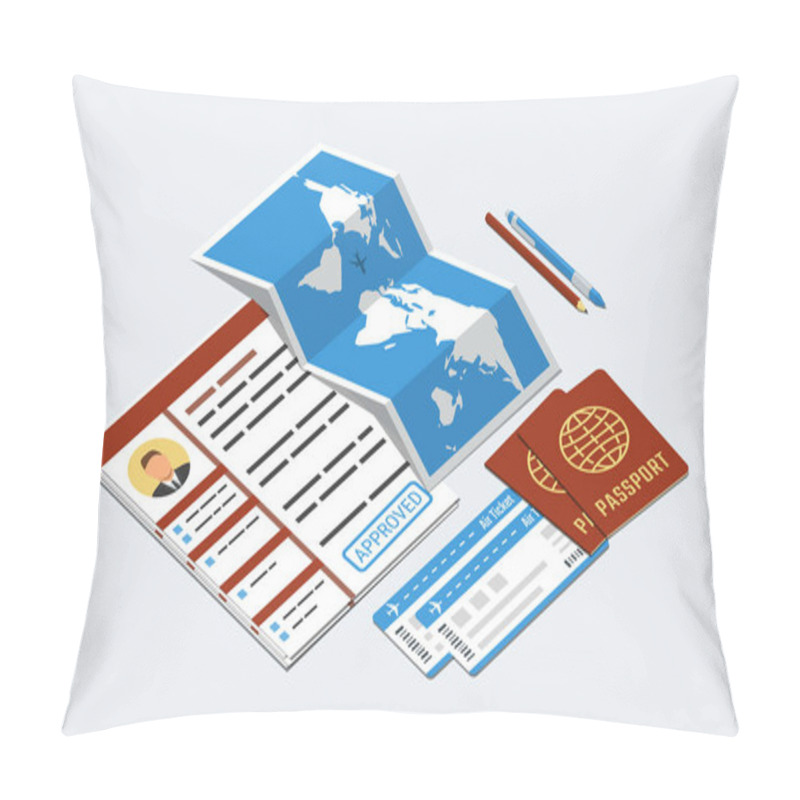 Personality  Approved Visa Form, Passports, Tickets, Map, Pen And Pencil. Travel, Immigration Concept. Isometric Vector Illustration Pillow Covers