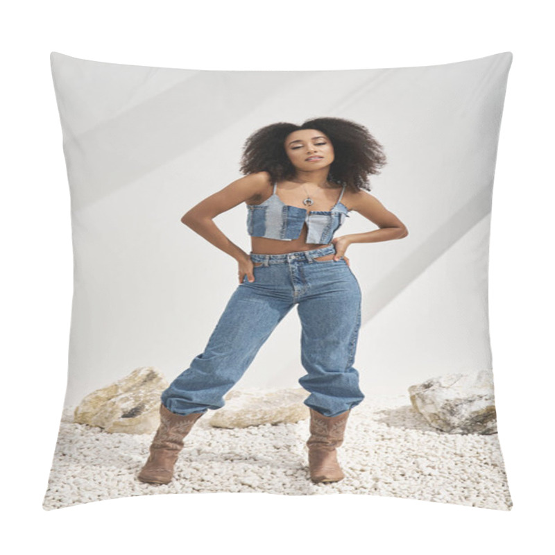 Personality  A Stunning Young African American Woman Poses Confidently In Trendy Denim. Pillow Covers