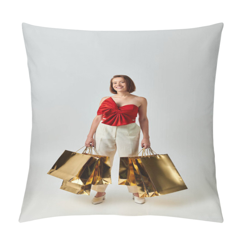 Personality  Holiday Shopping, Happy Woman In Trendy Red Strapless Top With Bow Holding Shopping Bags On Grey Pillow Covers