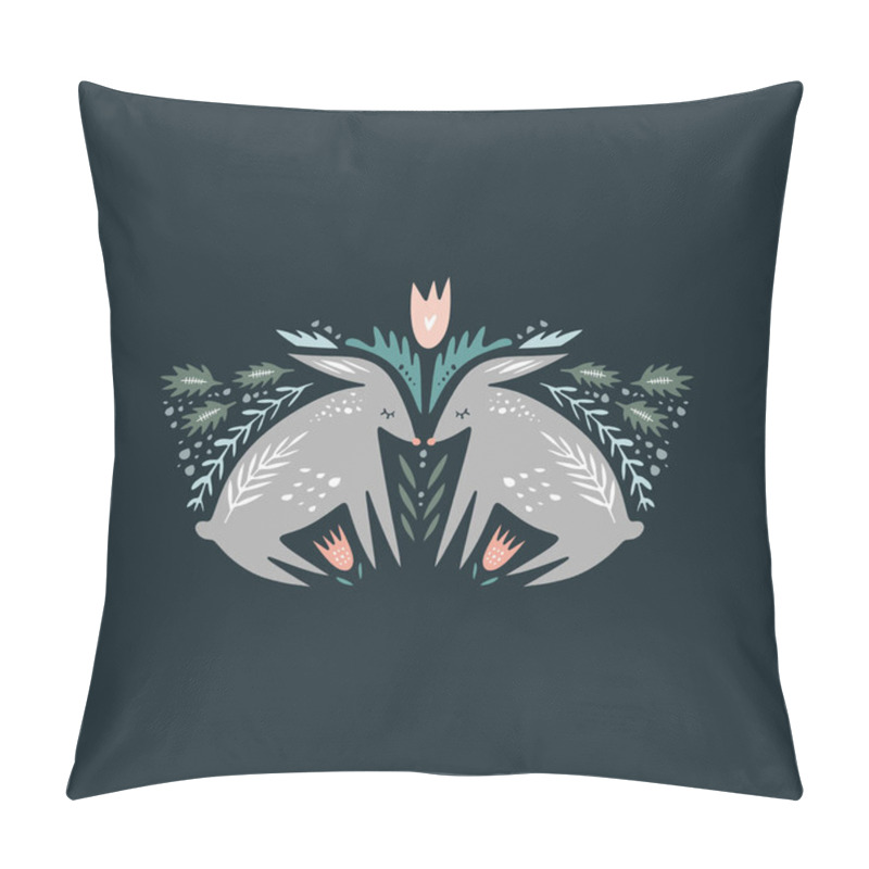 Personality  Cute Cartoon Rabbits. Composition With Folk Art Animals And Floral Decor Elements. Hand Drawn Vector, Clip Art Pillow Covers