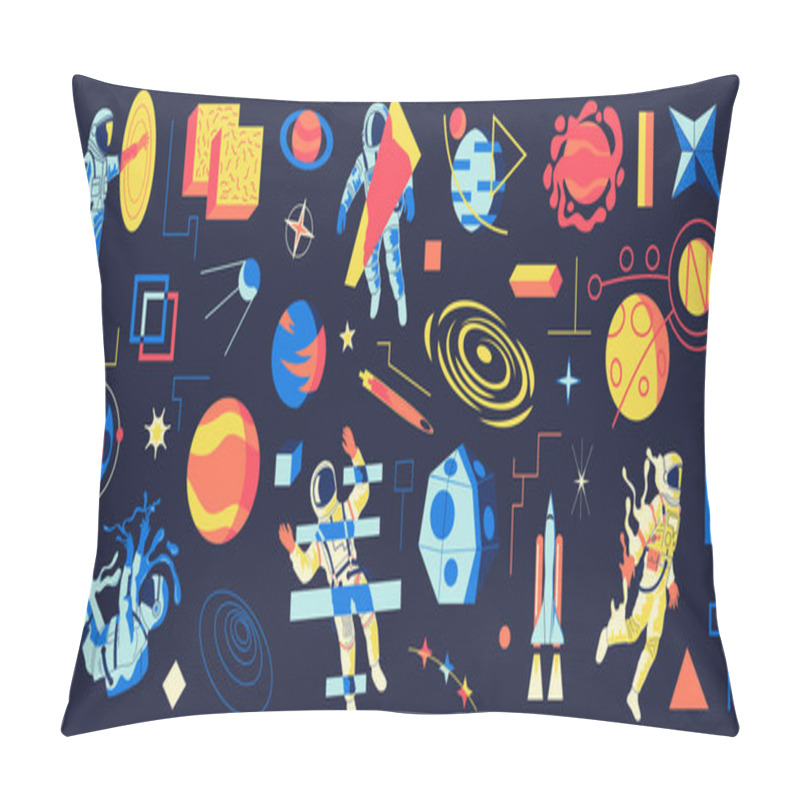 Personality  Astronaut. Futuristic Astronomy Collection With Cosmonaut In Outer Space, Planets And Stars. Abstract Psychedelic Shapes And Mysterious Cosmic Phenomena. Cosmos Exploration, Vector Set Pillow Covers