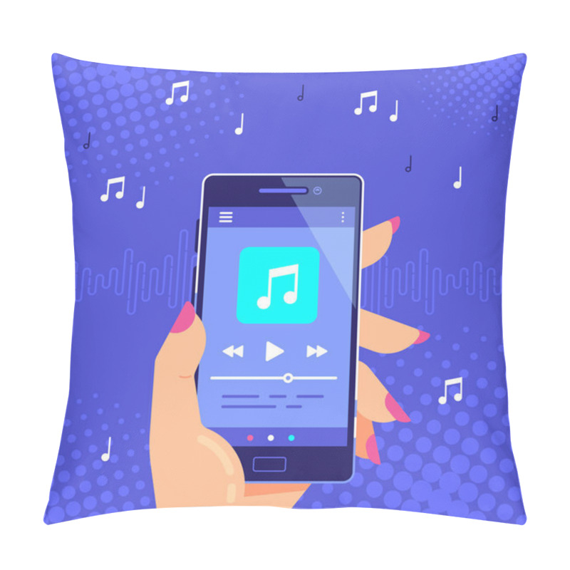 Personality  Hand Holding Modern Phone Playing Audio Or Radio. Smartphone Music Player User Interface Concept. Media Player App Banner Design. Flat Style Vector Illustration. Pillow Covers