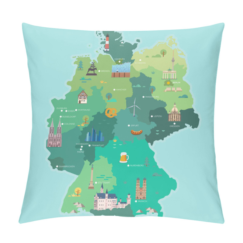 Personality  Stylized Map Of Germany. Travel Illustration With German Landmarks. Pillow Covers