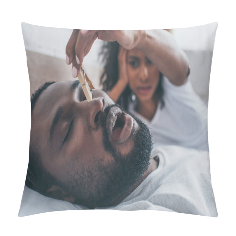 Personality  Selective Focus Of Snoring African American Man Near Wife Holding Wooden Pin Pillow Covers