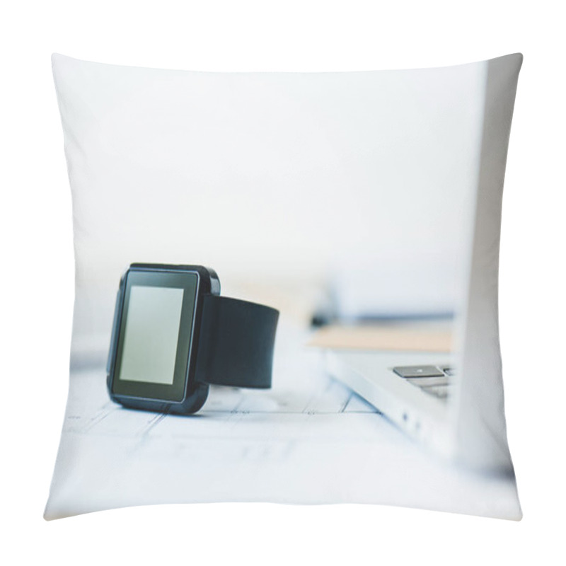 Personality  Close-up View Of Smartwatch And Laptop At Workplace Pillow Covers