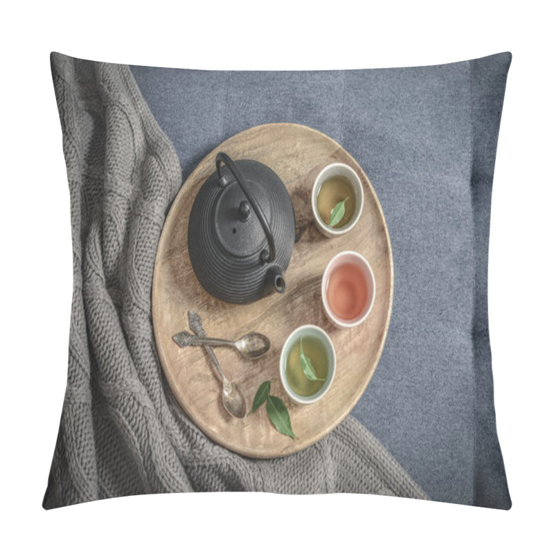 Personality  Black Iron Asian Tea Set On Wooden Tray On Knitted Plaid, Top View Pillow Covers