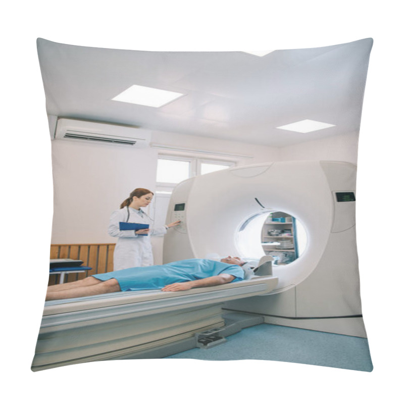 Personality  Radiologist In White Coat Operating Ct Scanner While Patient Lying On Ct Scanner Bed  Pillow Covers