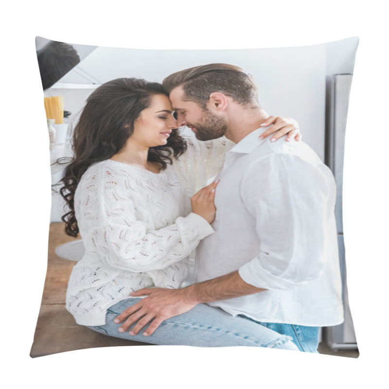 Personality  Man And Woman Gently Embracing At Kitchen Pillow Covers