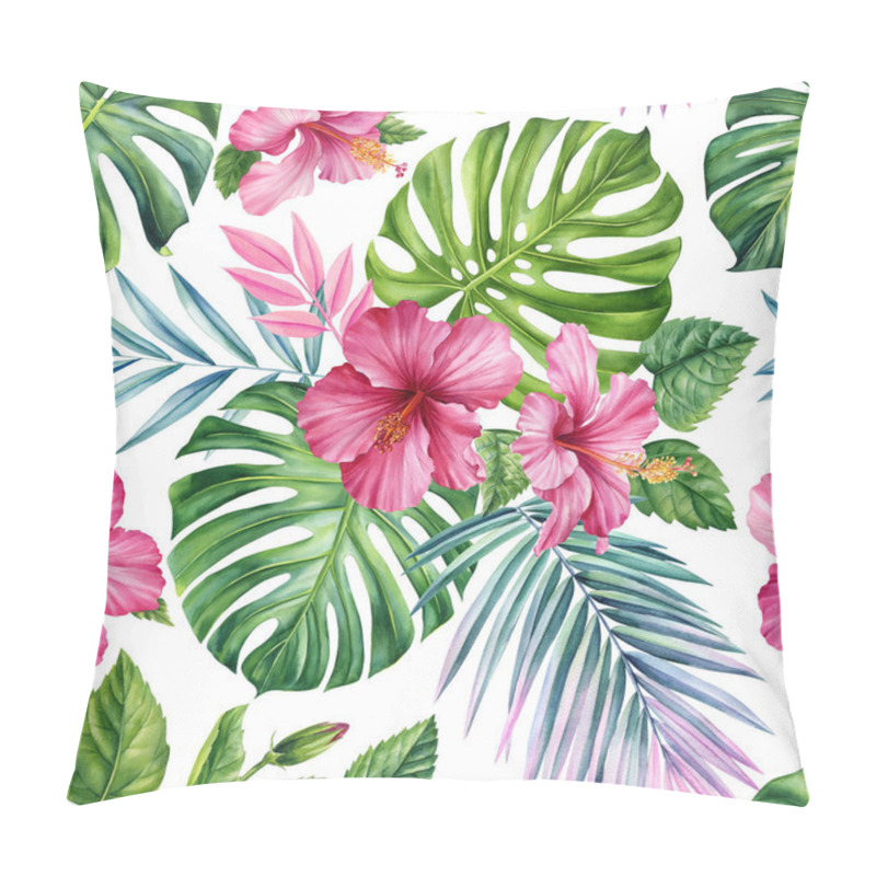 Personality  Floral Seamless Pattern, Wallpaper Tropical Green Palm Leaves And Strelitzia Bird Of Paradise Flowers, Watercolor Botanical Background. High Quality Illustration Pillow Covers