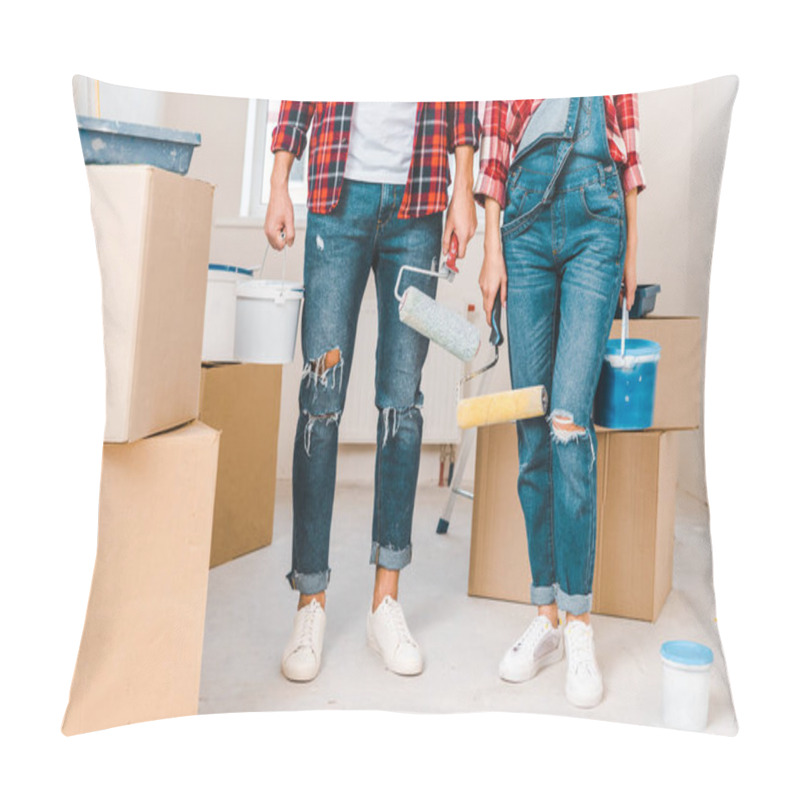 Personality  Cropped View Of Man And Woman Holding Paint Buckets And Rollers While Standing Near Boxes Pillow Covers