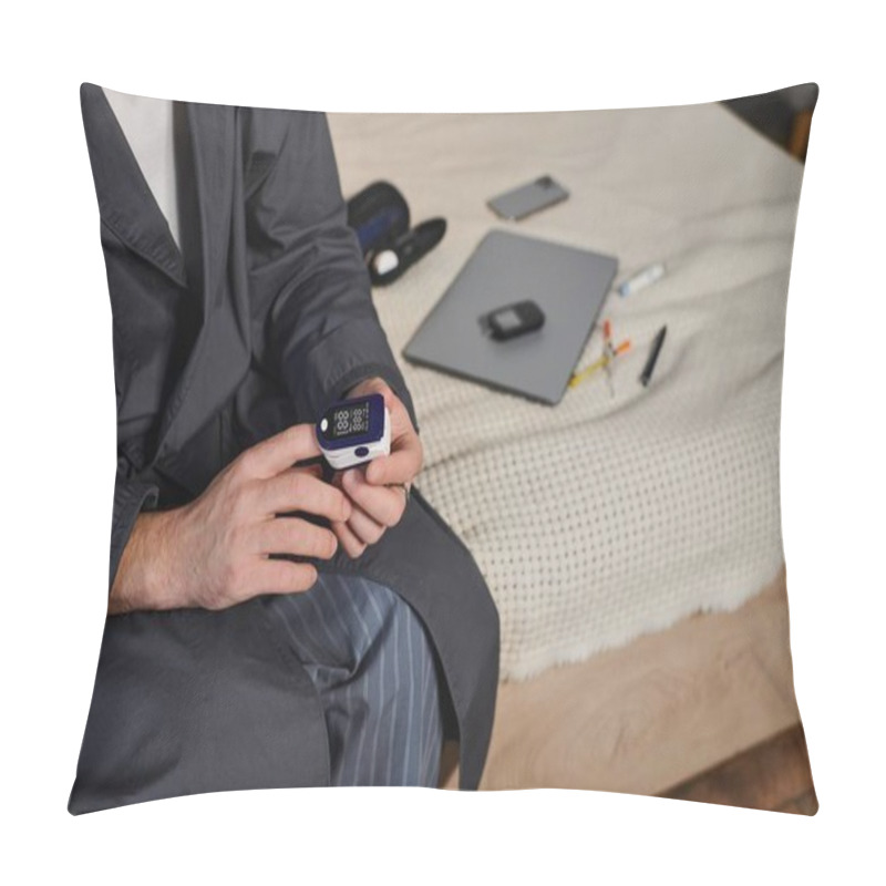 Personality  A Young Man Monitors His Blood Sugar At Home, Balancing Health And Daily Activities In Style. Pillow Covers