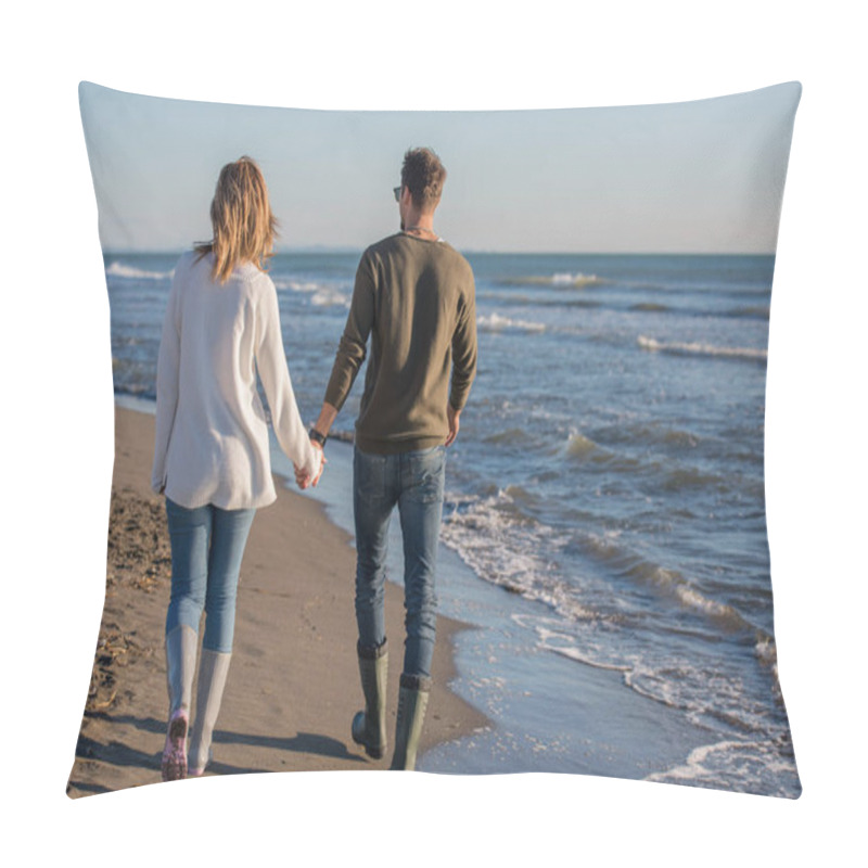 Personality  Young Couple Having Fun Walking And Hugging On Beach During Autumn Sunny Day Pillow Covers