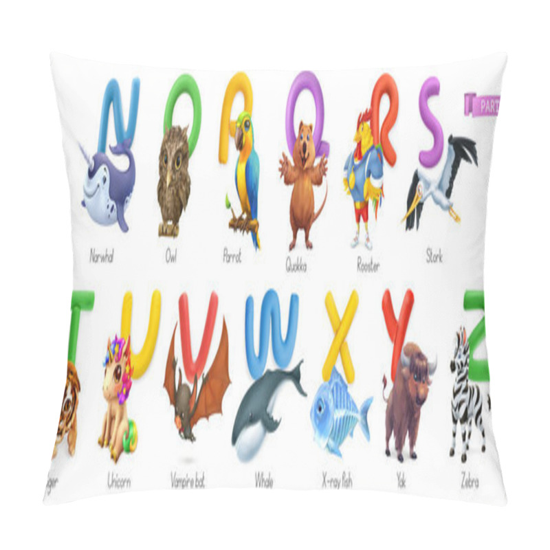 Personality  Zoo Alphabet. Funny Animals, 3d Vector Icons Set. Letters N - Z Part 2. Narwhal, Owl, Parrot, Quokka, Rooster, Stork, Tiger, Unicorn, Vampire Bat, Whale, X-ray Fish, Yak, Zebra Pillow Covers